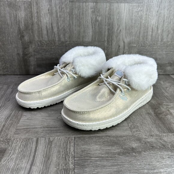 Hey Dude Wendy Fold Youth size 2 Metallic Shine Ivory Slip On Shoes - Picture 3 of 8